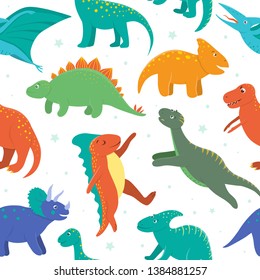 Vector seamless pattern with cute dinosaurs on white background. Funny flat dino characters background. Cute prehistoric reptiles illustration
