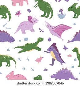 Vector seamless pattern with cute dinosaurs with clouds, eggs, bones, birds for children. Dino flat cartoon characters background. Cute prehistoric reptiles illustration.
