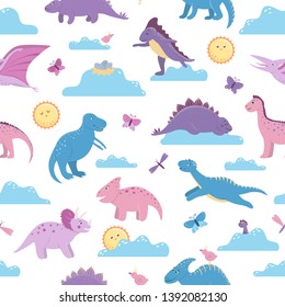 Vector seamless pattern with cute dinosaurs on day sky with clouds, sun, butterflies, birds for children. Dino flat cartoon characters background. Cute prehistoric reptiles illustration.
