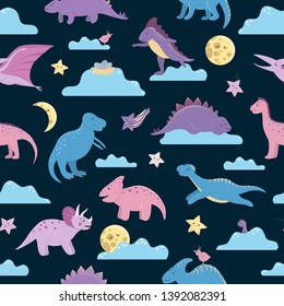 Vector seamless pattern with cute dinosaurs on night sky with clouds, moon, stars, birds for children. Dino flat cartoon characters background. Cute prehistoric reptiles illustration.
