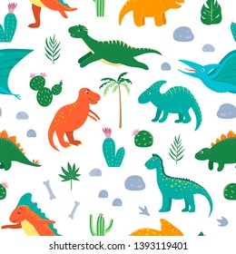 Vector seamless pattern with cute dinosaurs with palm trees, cactus, stones, footprints, bones for children. Dino flat cartoon characters background. Cute prehistoric reptiles illustration.
