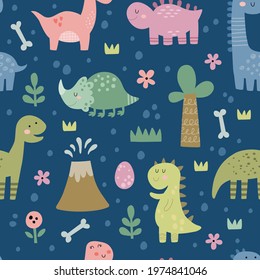 vector seamless pattern, cute dinosaurs on blue background, funny textile repeat for children