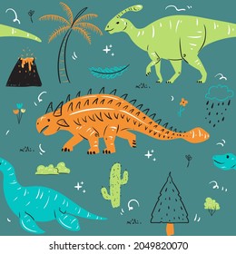 Vector Seamless Pattern with cute Dinosaurs concept. Plesiosaurus, Ankylosaurus, Parasaurolophus. Best For Fabric Printing, Wallpaper, Backgrounds, Graphics Elements, Poster.