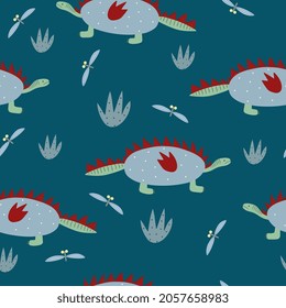 Vector seamless pattern with cute dinosaurs in flat style