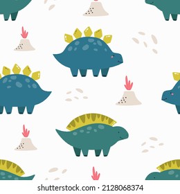 Vector seamless pattern with cute dinosaurs and volcanos. Cute illustration for textile, nursery fabric, wrapping paper.