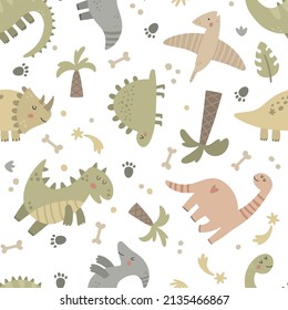 vector seamless pattern with cute dinosaurs on white background, funny textile design