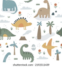 vector seamless pattern with cute dinosaurs on white background, cute print for kids