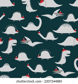 Vector seamless pattern with cute dinosaurs with christmas red hat. Cartoon design for textile, books, phone cases. 