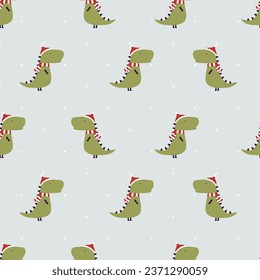 Vector seamless pattern with cute dinosaurs with christmas red hat. Cartoon design for textile, books, phone cases. 