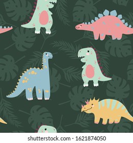 Vector seamless pattern with cute dinosaurus with tropicals leaves on stripes background in flat cartoons style. Childish repeated background with funny dinosaurs in kids doodle style.