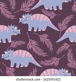 Vector seamless pattern with cute dinosaurus with tropical leaves in flat cartoons style. Childish repeated background with funny dinosaurs in kids doodle style.