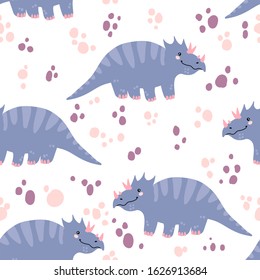 Vector seamless pattern with cute dinosaurus in flat cartoons style. Childish repeated background with funny dinosaurs in kids doodle style.