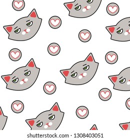 vector seamless pattern with a cute disgruntled cats and hearts. it can be used as wallpaper, poster, print for clothes, fabrics, textiles, notebooks, packaging paper.