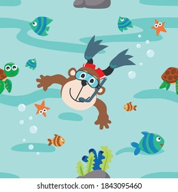 Vector seamless pattern with cute diving monkey. Creative vector childish background for fabric, textile, nursery wallpaper, poster, card, brochure. Vector illustration background.