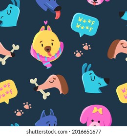 Vector seamless pattern with cute dog faces isolated on dark blue background. Perfect for fabric, wallpaper, textile, nursery. 