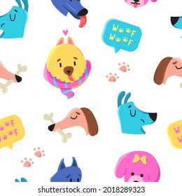 Vector seamless pattern with cute dog faces isolated on white background. Perfect for fabric, wallpaper, textile, nursery. Woof woof.