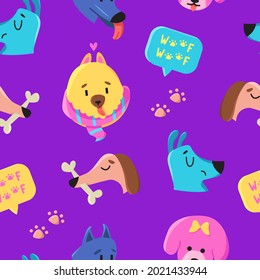 Vector seamless pattern with cute dog faces isolated on purple background. Perfect for fabric, wallpaper, textile, nursery. Woof woof.