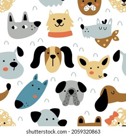 vector seamless pattern of cute dog heads on white background, funny textile design for kids