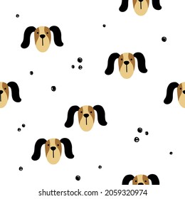 Vector Seamless Pattern, Cute Dog Head On White Background, Funny Textile Design For Kids