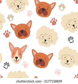 Vector seamless pattern with cute dog faces, paws on white background. Domestic dogs pattern design.