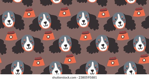 Vector seamless pattern with cute dog faces with food bowl. Dog pattern on brown background.