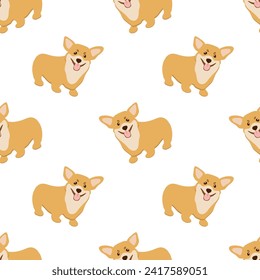 Vector seamless pattern with cute dog corgi isolated on white