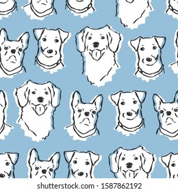 Vector seamless pattern with cute dogs in doodle style. Jack russell terrier, golden retriever, french bulldog drawing in repeat. Great for wallpaper, wrapping paper and fabric. Design for kids or