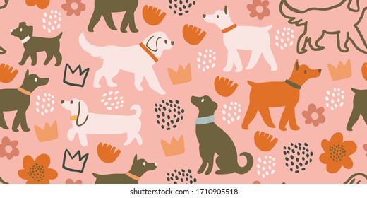 Vector seamless pattern with cute dogs isolated on pink: dachshund, jack russell, terrier, doberman with flowers, crowns, polka dots. Animal pattern, perfect for kids textile, nursery decor, fabric