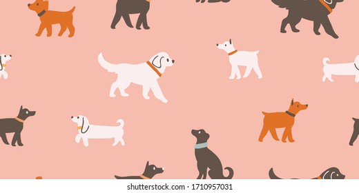 Vector seamless pattern with cute dogs isolated on pink: dachshund, jack russell, terrier, doberman. Animal pattern, perfect for kids textile, nursery decor, fabric