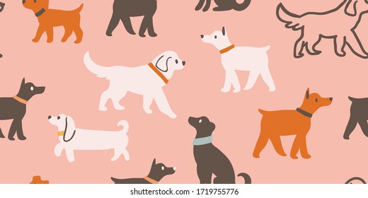 Vector seamless pattern with cute dogs isolated on pink: dachshund, jack russell, terrier, doberman. Animal pattern, perfect for kids textile, nursery decor, fabric