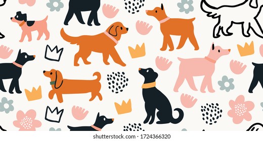 Vector seamless pattern with cute dogs isolated on white: dachshund, jack russell, terrier, doberman with flowers, crowns, polka dots. Animal pattern, perfect for kids textile, nursery decor, fabric