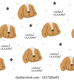 Vector seamless pattern with cute dogs, stars, lines. Doodle dog portraits on white background. Dog design for kids textile, simple minimalistic design