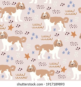 Vector seamless pattern with cute dogs, stars, polka dots. Doodle dog portraits on beige background. Dog design for kids textile, simple minimalistic design
