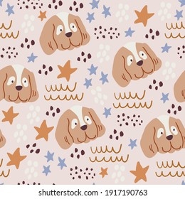 Vector seamless pattern with cute dogs, stars, lines. Doodle dog portraits on beige background. Dog design for kids textile, simple minimalistic design