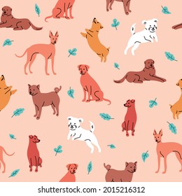 Vector seamless pattern with cute dogs isolated on beige: dachshund, jack russell, terrier, doberman, corgi, leaves. Animal pattern, perfect for textile, nursery decor, paper, fabric