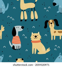 vector seamless pattern of cute dogs on blue background, funny textile design for kids