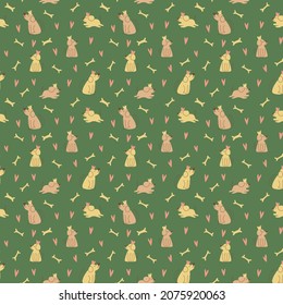 Vector seamless pattern. Cute dogs with crowns and bones. Pets, paws, ears, nose. Funny animals in cartoon style. Cheerful pets for printing in fabric and paper, social media posts and banners.
