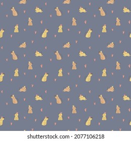 Vector seamless pattern. Cute dogs with crowns and bones. Pets, paws, ears, nose. Funny animals in cartoon style. Cheerful pets for printing in fabric and paper, social media posts and banners.
