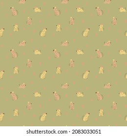 Vector seamless pattern. Cute dogs with crowns and bones. Pets, paws, ears, nose. Funny animals in cartoon style. Cheerful pets for printing in fabric and paper, social media posts and banners.
