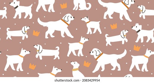 Vector seamless pattern with cute dogs isolated on white: dachshund, jack russell, terrier, doberman with flowers, crowns, polka dots. Animal pattern, perfect for kids textile, nursery decor, fabric
