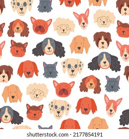 Vector seamless pattern with cute dogs faces on white. Domestic dogs breeds pattern