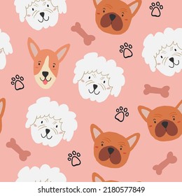 Vector seamless pattern with cute dogs faces, bones, paws on pink. Domestic dogs breeds pattern