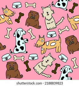 Vector seamless pattern with cute dogs isolated on pink. Animal pattern for kids textile, nursery decor, fabric