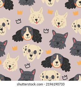 Vector seamless pattern with cute dogs faces, crowns on pink. Domestic dogs breeds pattern