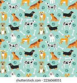 Vector seamless pattern with cute dogs, bones and paws on light blue. Cute dog breeds in different poses isolated on light blue background. Dog pattern, pet print perfect for kids textile.