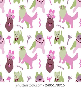 Vector seamless pattern with cute dogs of different breeds in pink and green colors