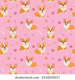 Vektor nahtloses Muster mit niedlichen Hunden, Knochen und Pfoten. Nette Hunderassen in verschiedenen Posen einzeln auf rosafarbenem Hintergrund. Corgi-Muster, Haustier-Print perfekt für Kinder Textil.