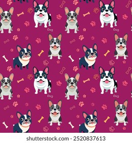 Vector seamless pattern with cute dogs, bones and paws. Cute French bulldogs in different poses isolated on pink background. French bulldog pattern, pet print perfect for kids textile.