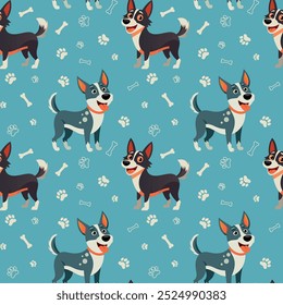 Vector seamless pattern with cute dogs, bones and paws. Cute dog breeds in different poses isolated on blue background. Happy dogs pattern, pet print perfect for kids textile.