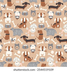 Vector seamless pattern with cute dogs in cartoon style